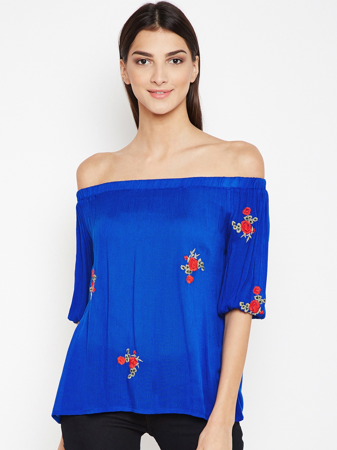

Oxolloxo Women Blue Printed Bardot Top