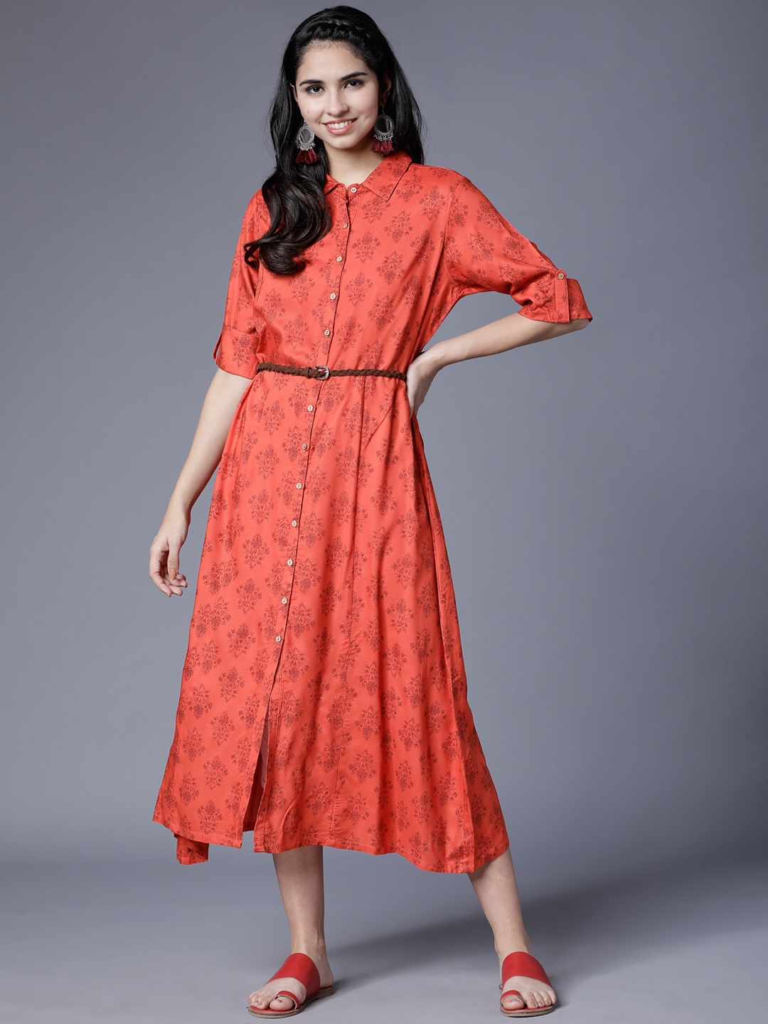 

Vishudh Women Rust Orange Printed Shirt Dress