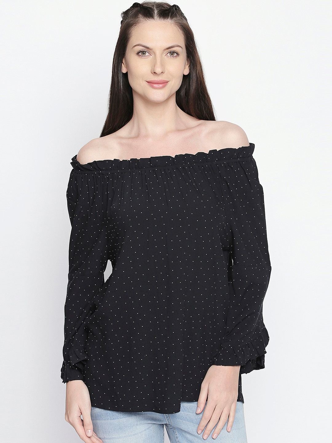 

Honey by Pantaloons Women Black Self Design Bardot Top