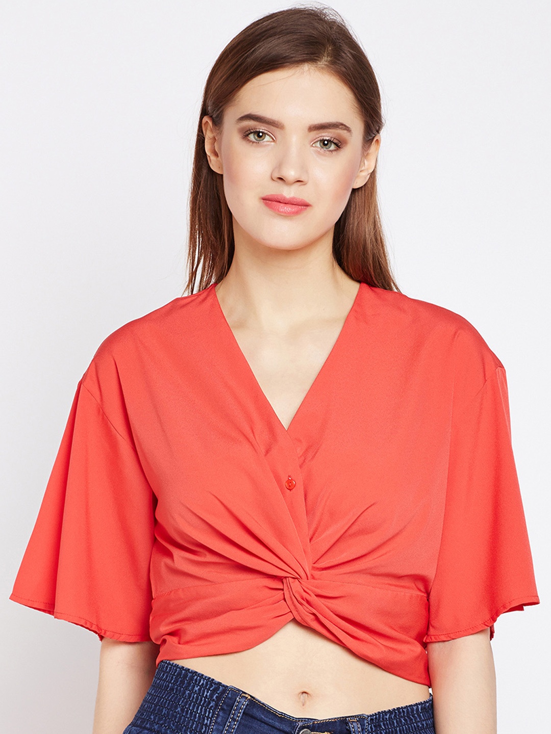 

Oxolloxo Women Orange Solid Wrap Crop Top