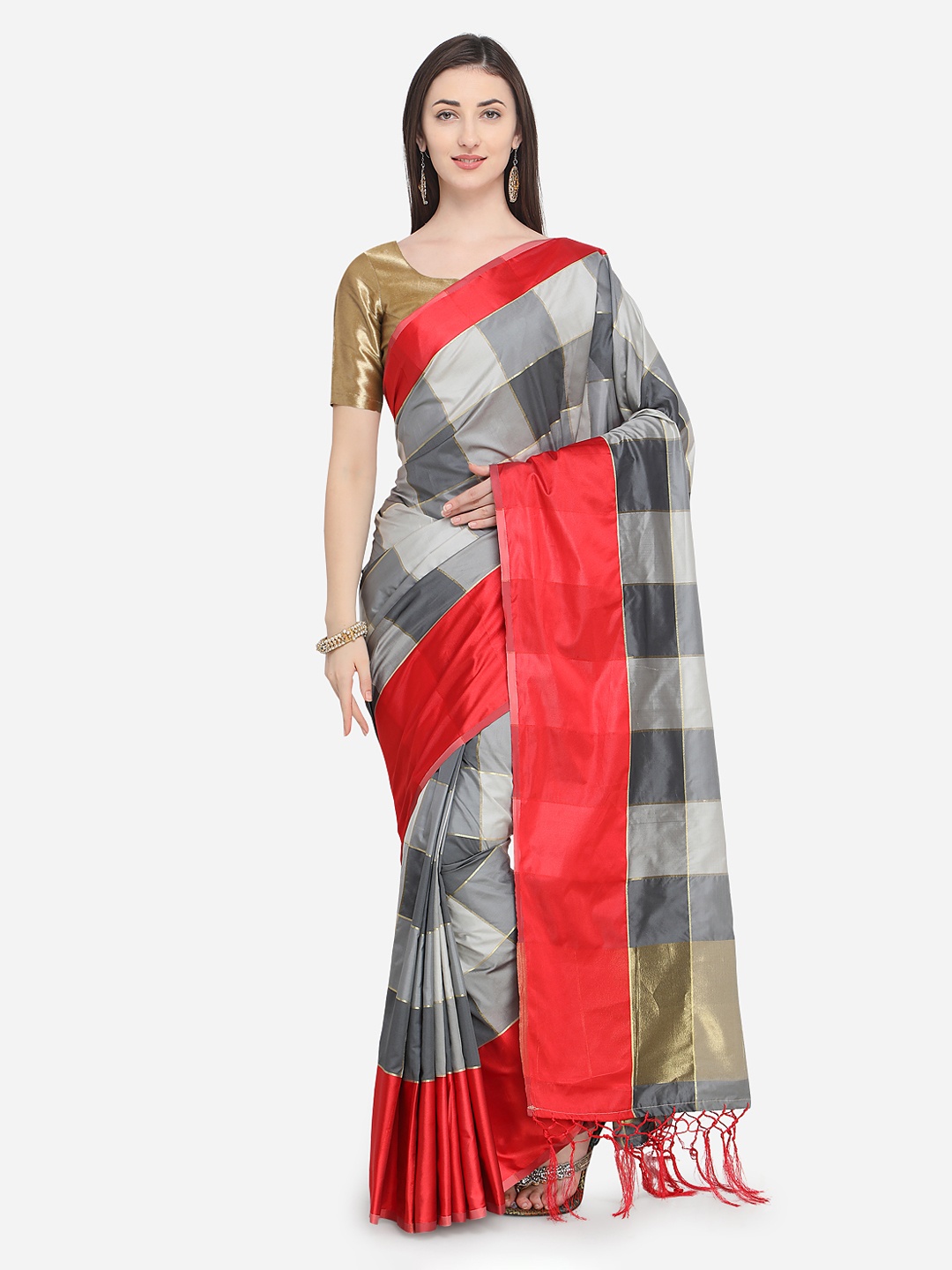 

MOKSHA DESIGNS Grey & Red Pure Silk Checked Ikat Saree