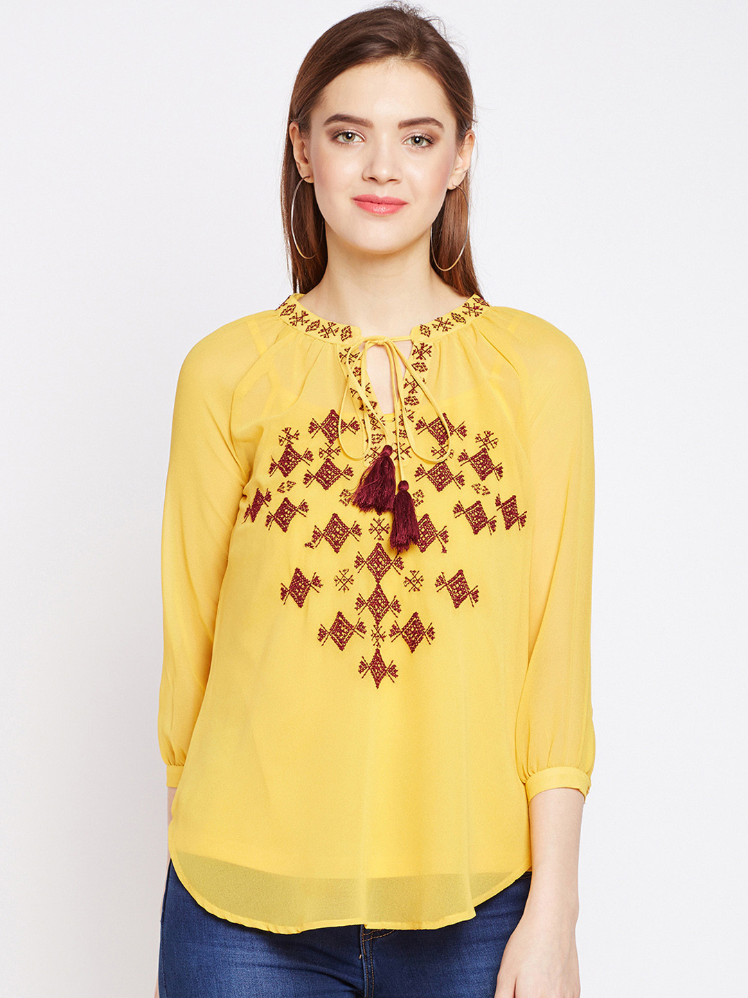 

Oxolloxo Women Yellow Printed A-Line Top