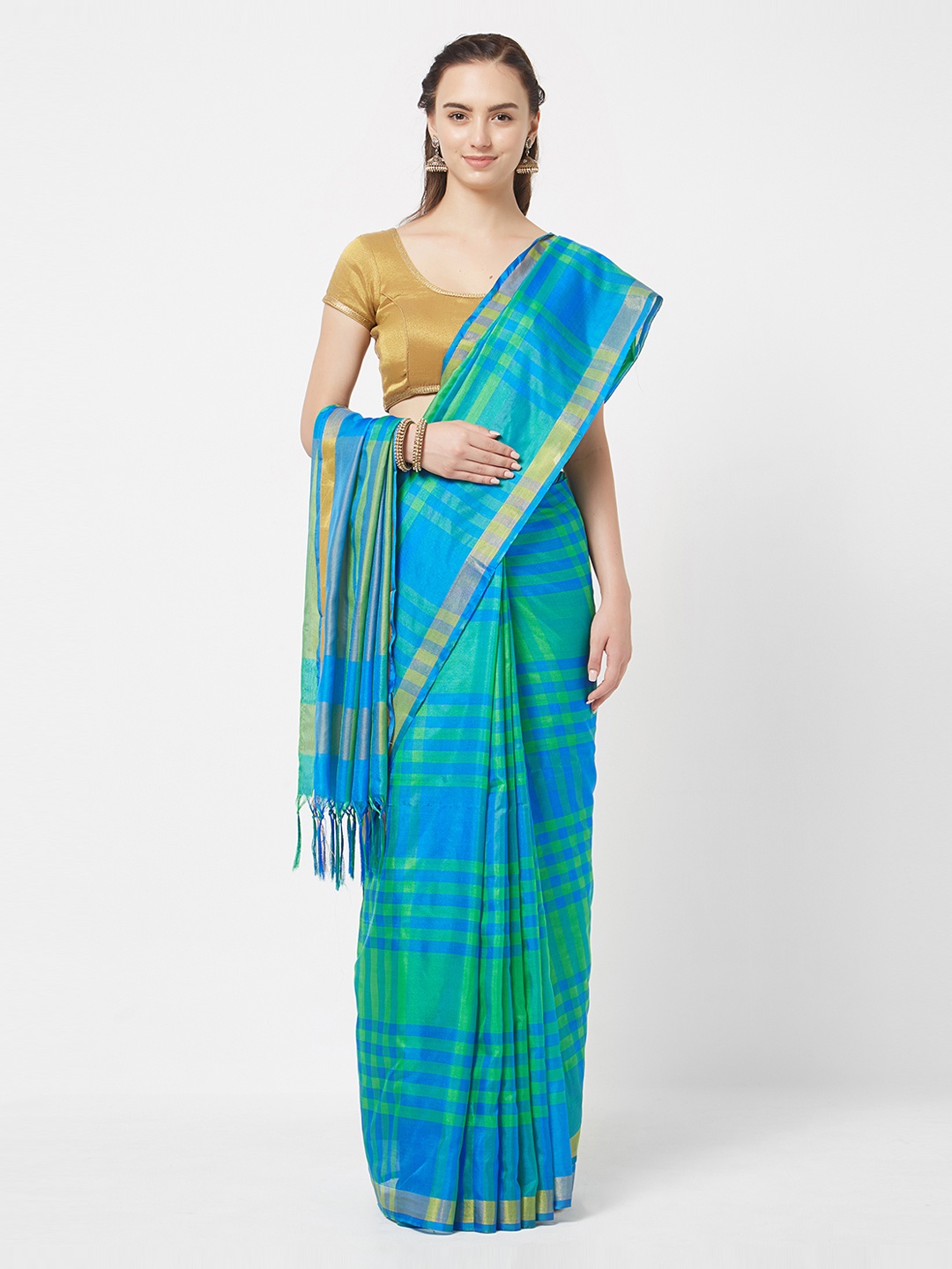 

MOKSHA DESIGNS Blue & Green Woven Silk Blend Striped Saree