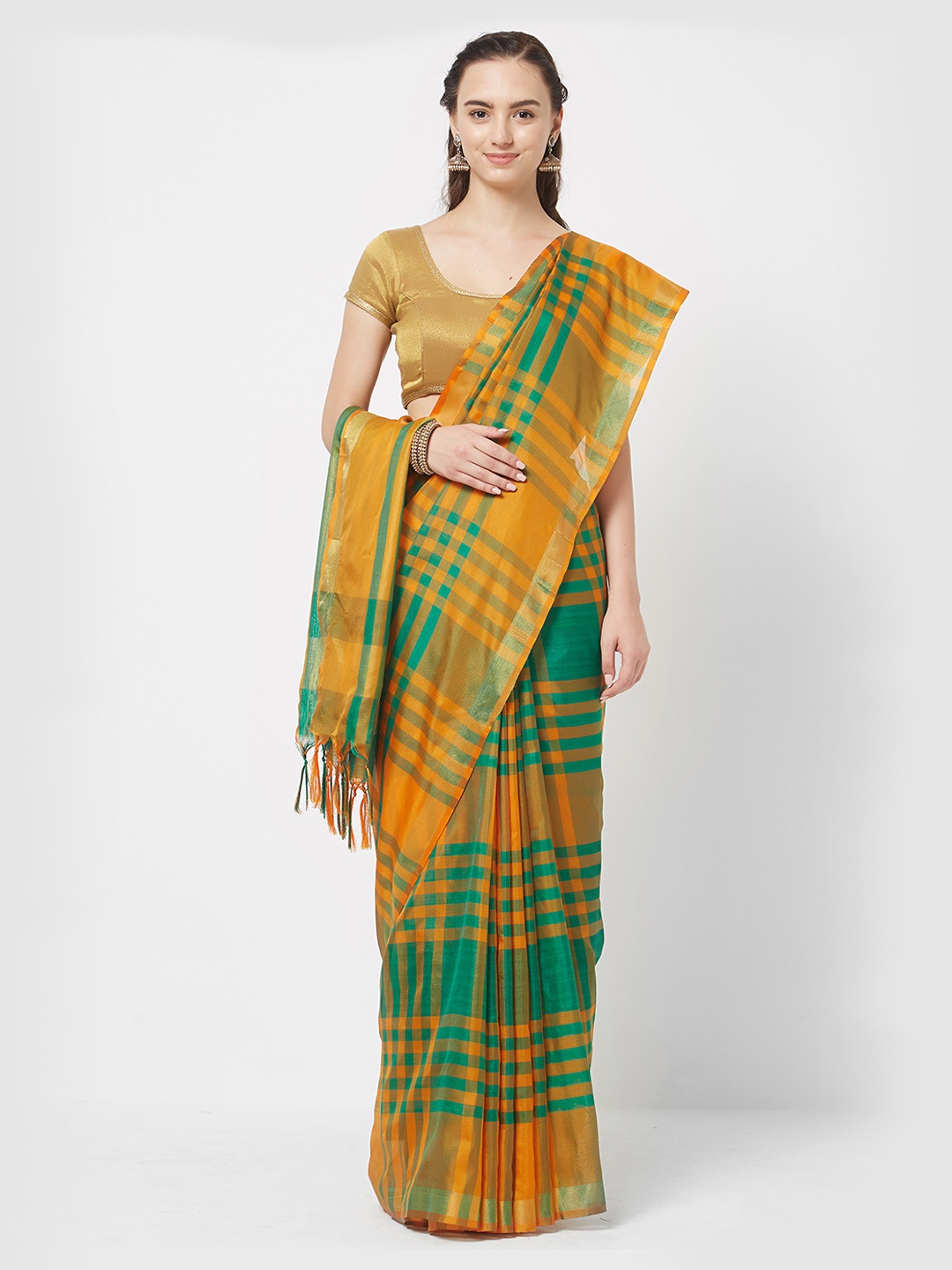 

MOKSHA DESIGNS Orange & Green Pure Silk Checked Ikat Saree