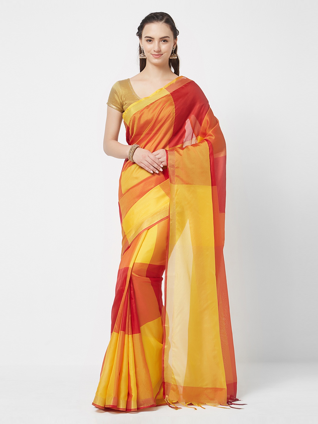 

MOKSHA DESIGNS Red & Mustard Yellow Pure Silk Checked Ikat Saree