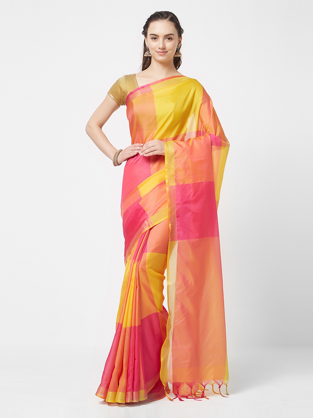 

MOKSHA DESIGNS Pink & Yellow Pure Silk Colourblocked Ikat Saree