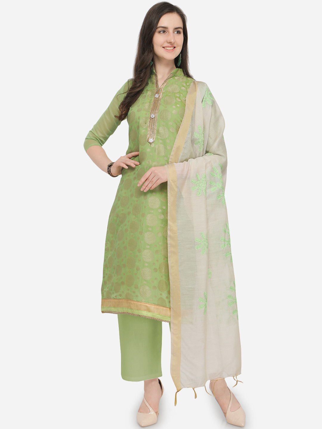 

Blissta Women Green & Off-White Silk Blend Unstitched Dress Material