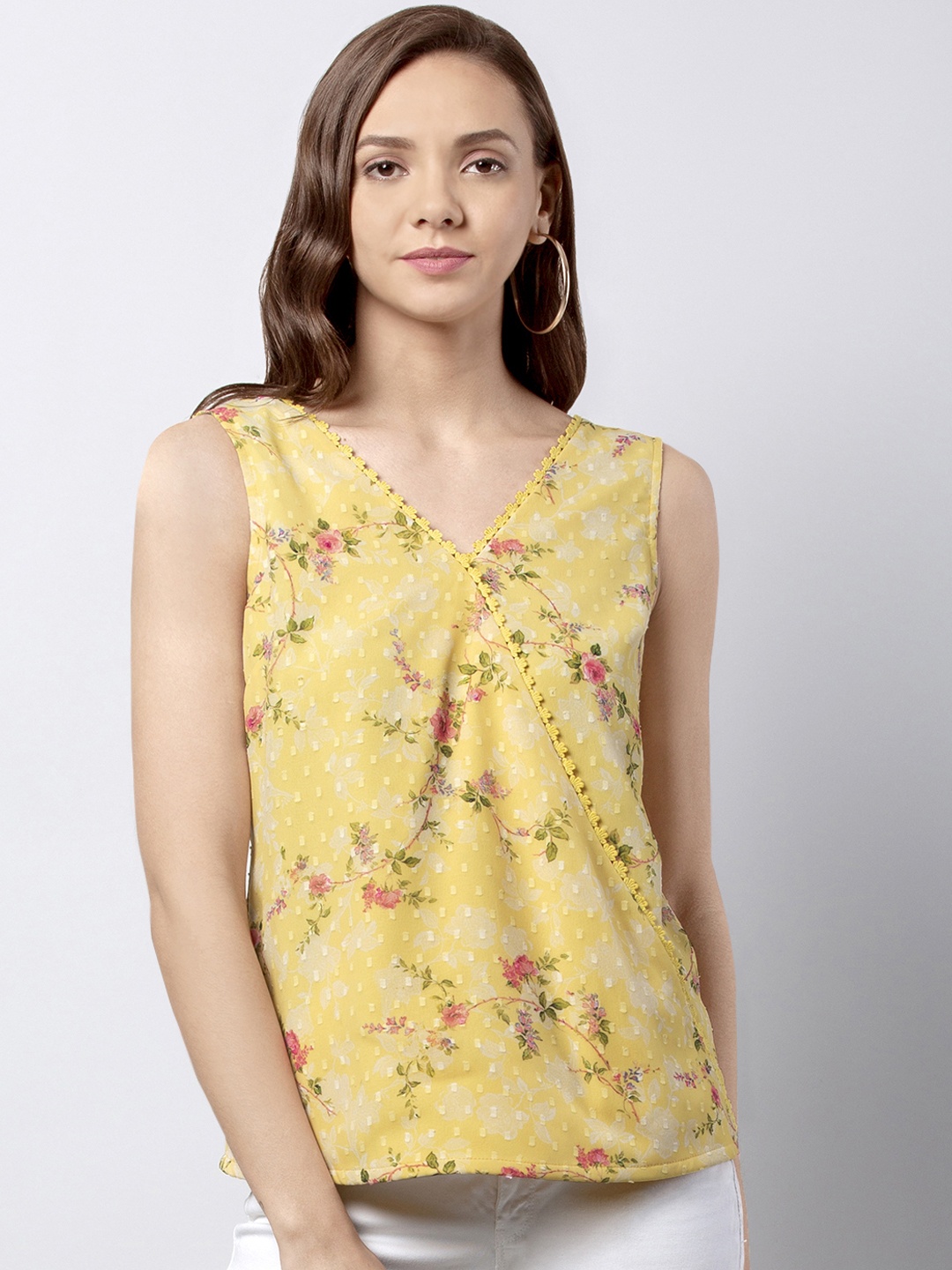 

FabAlley Women Yellow Floral Printed Self-Design Top