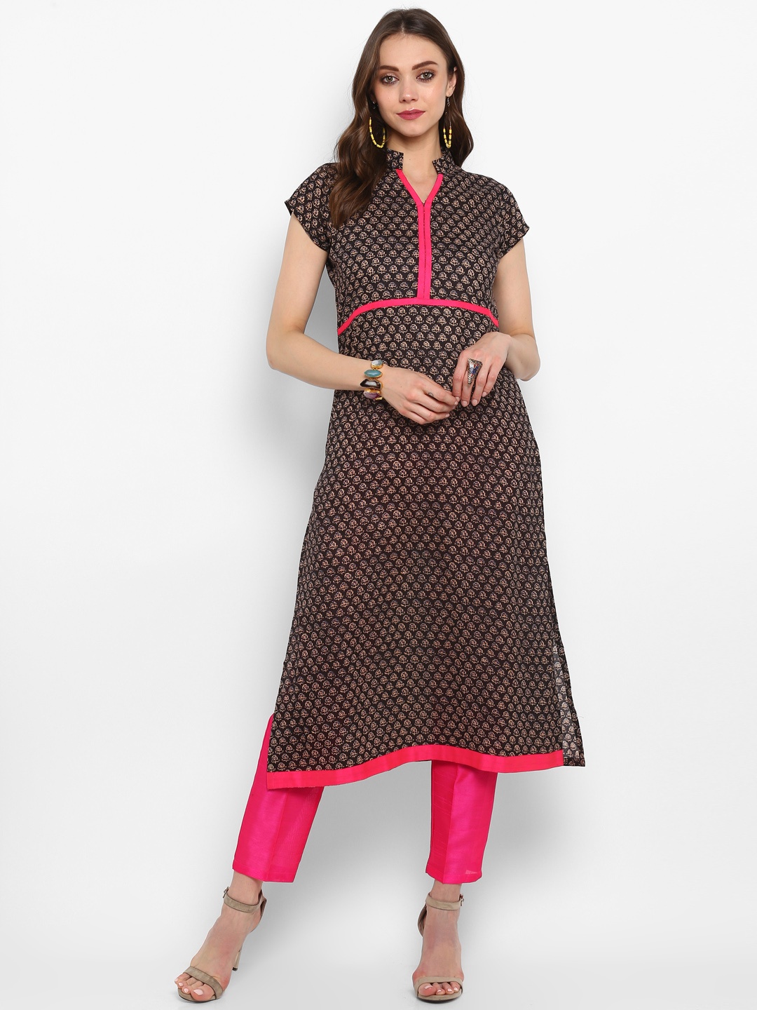 MBE Women Black & Beige Printed Straight Kurta