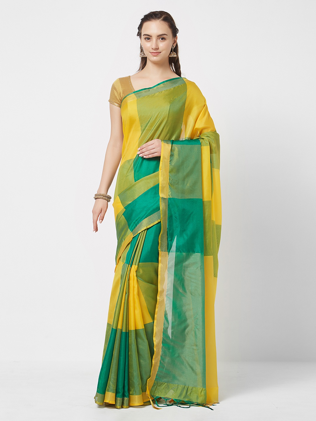 

MOKSHA DESIGNS Green & Yellow Pure Silk Colourblocked Ikat Saree
