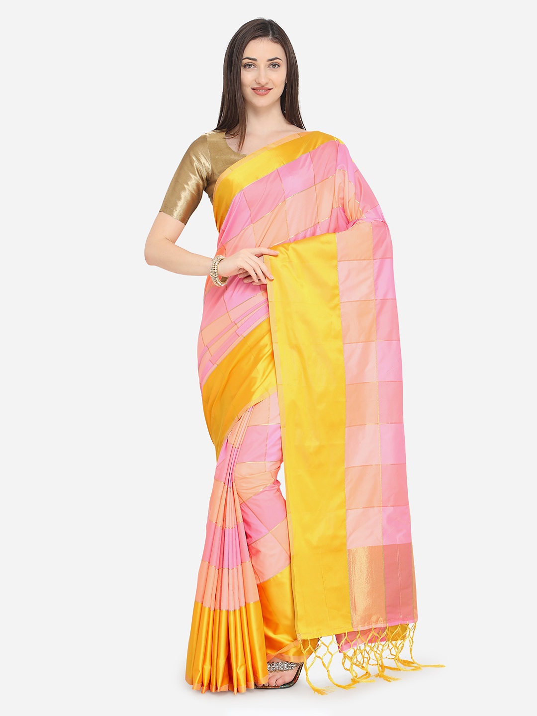 

MOKSHA DESIGNS Pink & Yellow Pure Silk Colourblocked Ikat Saree
