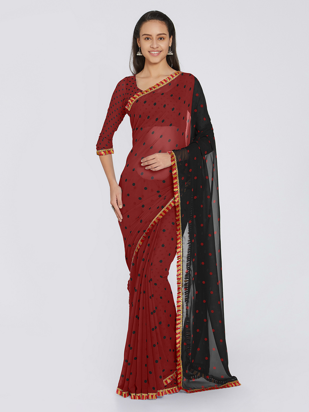 

Mirchi Fashion Red & Black Poly Georgette Printed Saree