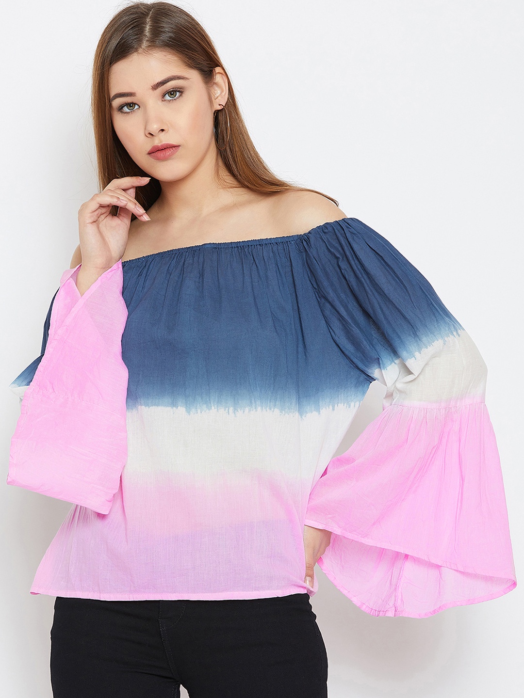 

PURYS Women Navy Blue & Pink Dyed Bardot Top
