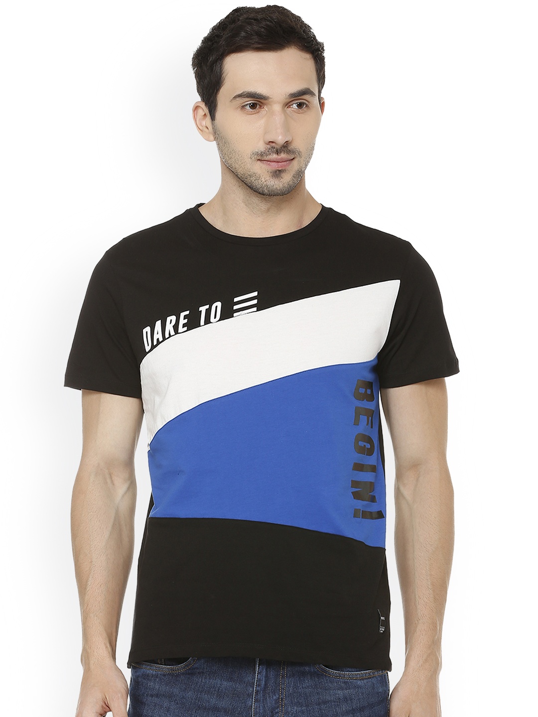 

People Men Black Colourblocked Round Neck Pure Cotton T-shirt