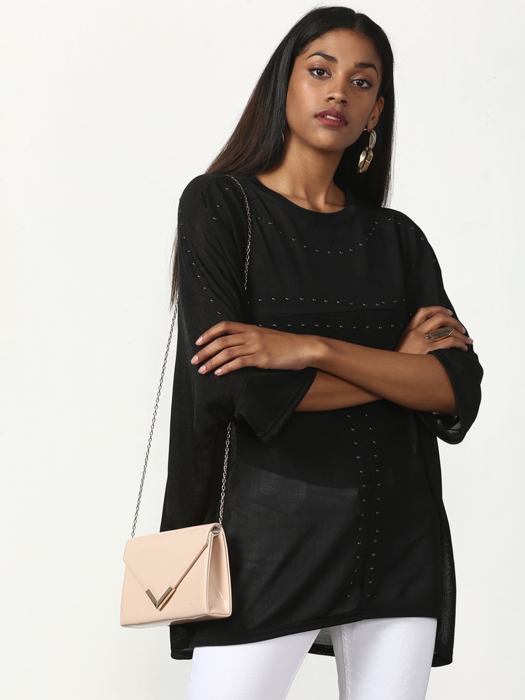 

Miss Bennett Women Black Embellished Semi-Sheer Boxy Top