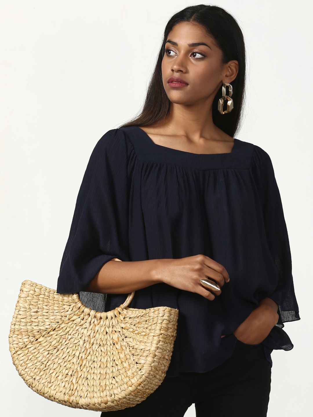 

Miss Bennett Women Navy Blue Solid Boxy Top