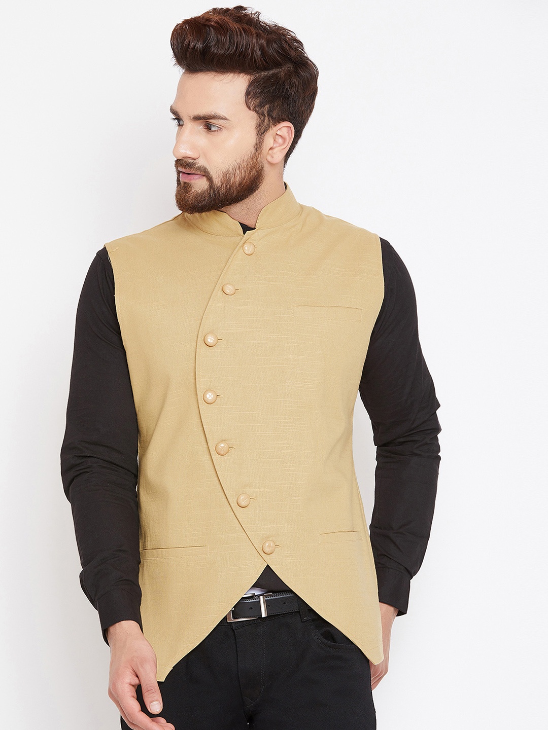 

Hypernation Men Beige Solid Woven Pure Cotton Waistcoat