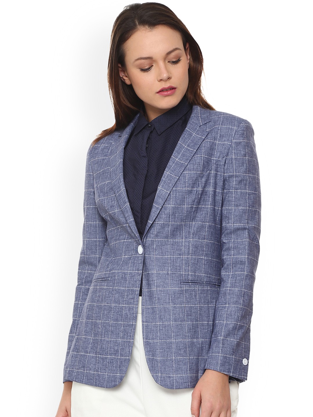 

Van Heusen Woman Blue Checked Regular-Fit Single-Breasted Blazer