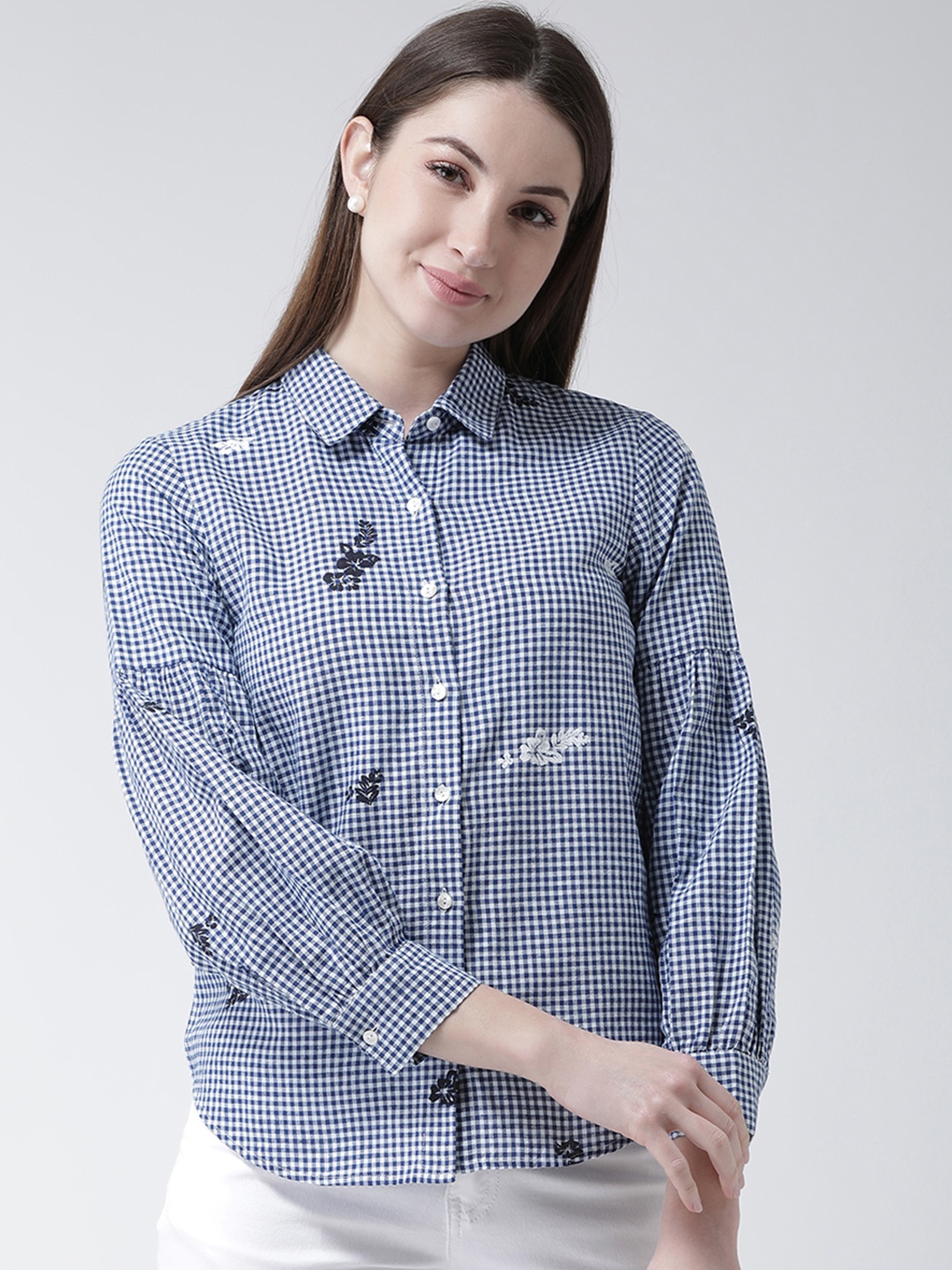 

MsFQ Women Blue & White Regular Fit Checked Casual Shirt