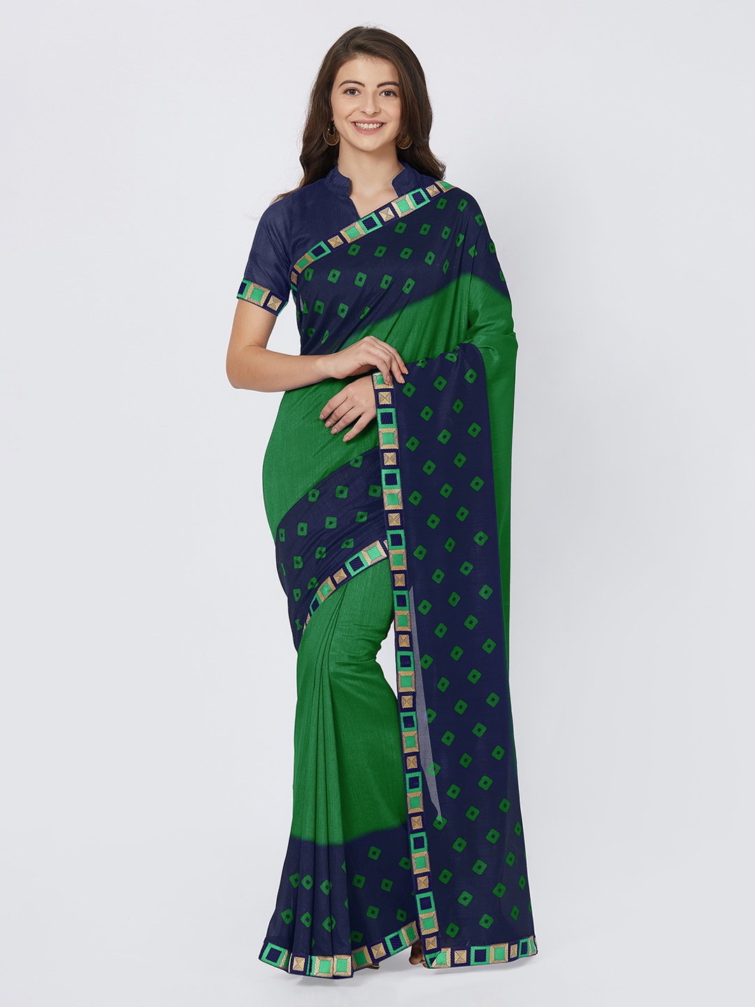 

MIRCHI FASHION Green & Navy Blue Silk Blend Colourblocked Saree