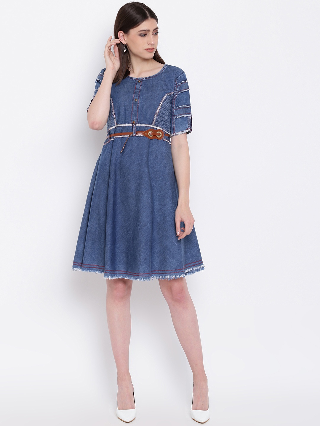 

Kvsfab Women Blue Solid Fit and Flare Dress