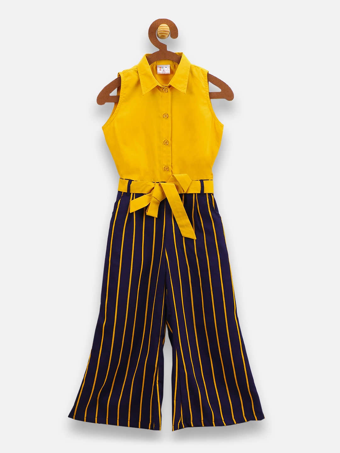

LilPicks Girls Yellow & Navy Blue Striped Basic Jumpsuit