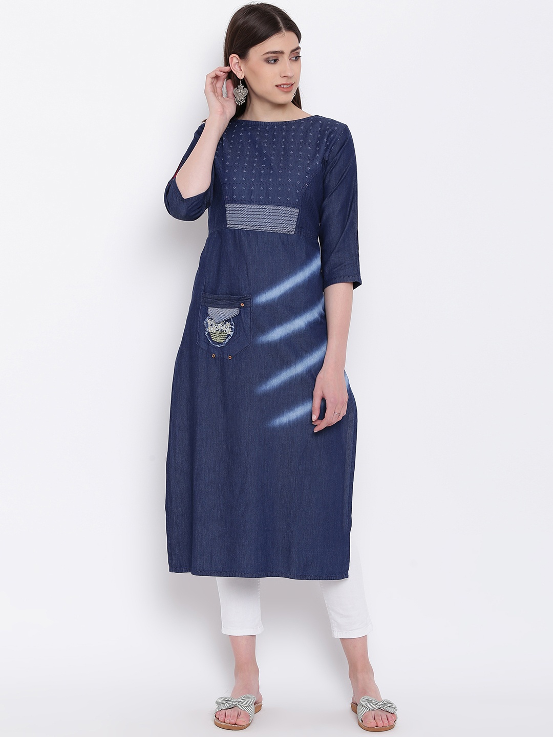 

Kvsfab Women Blue Embroidered Denim Straight Kurta