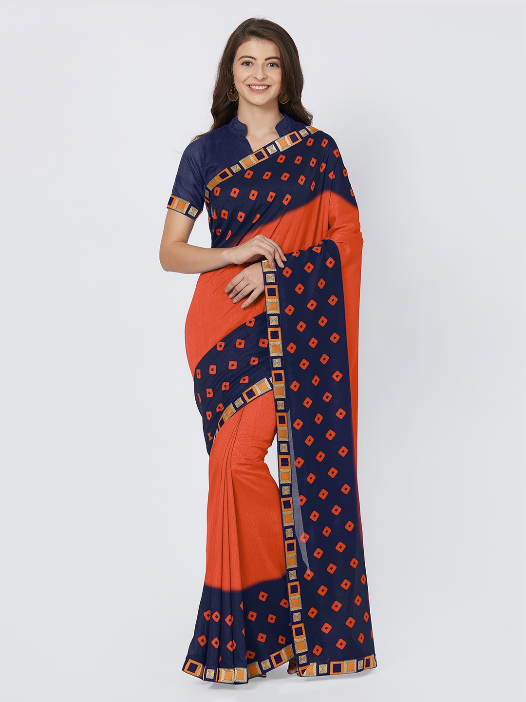 

MIRCHI FASHION Orange & Navy Blue Silk Blend Printed Saree