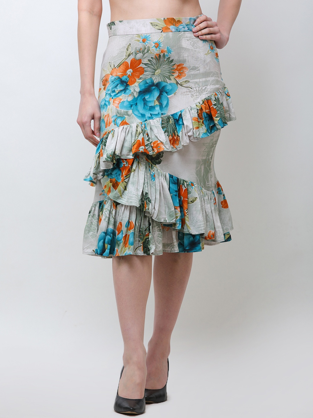 SCORPIUS Women Multicoloured Floral Printed Tiered Skirt, Multi