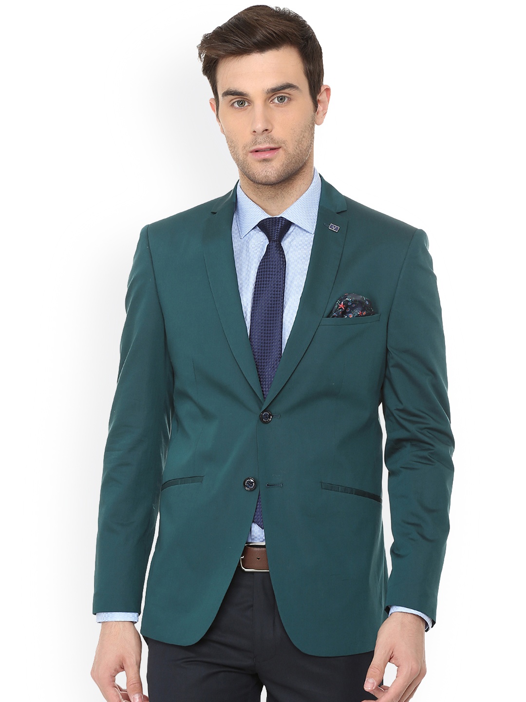 

Allen Solly Men Green Solid Slim-Fit Single-Breasted Pure Cotton Blazer