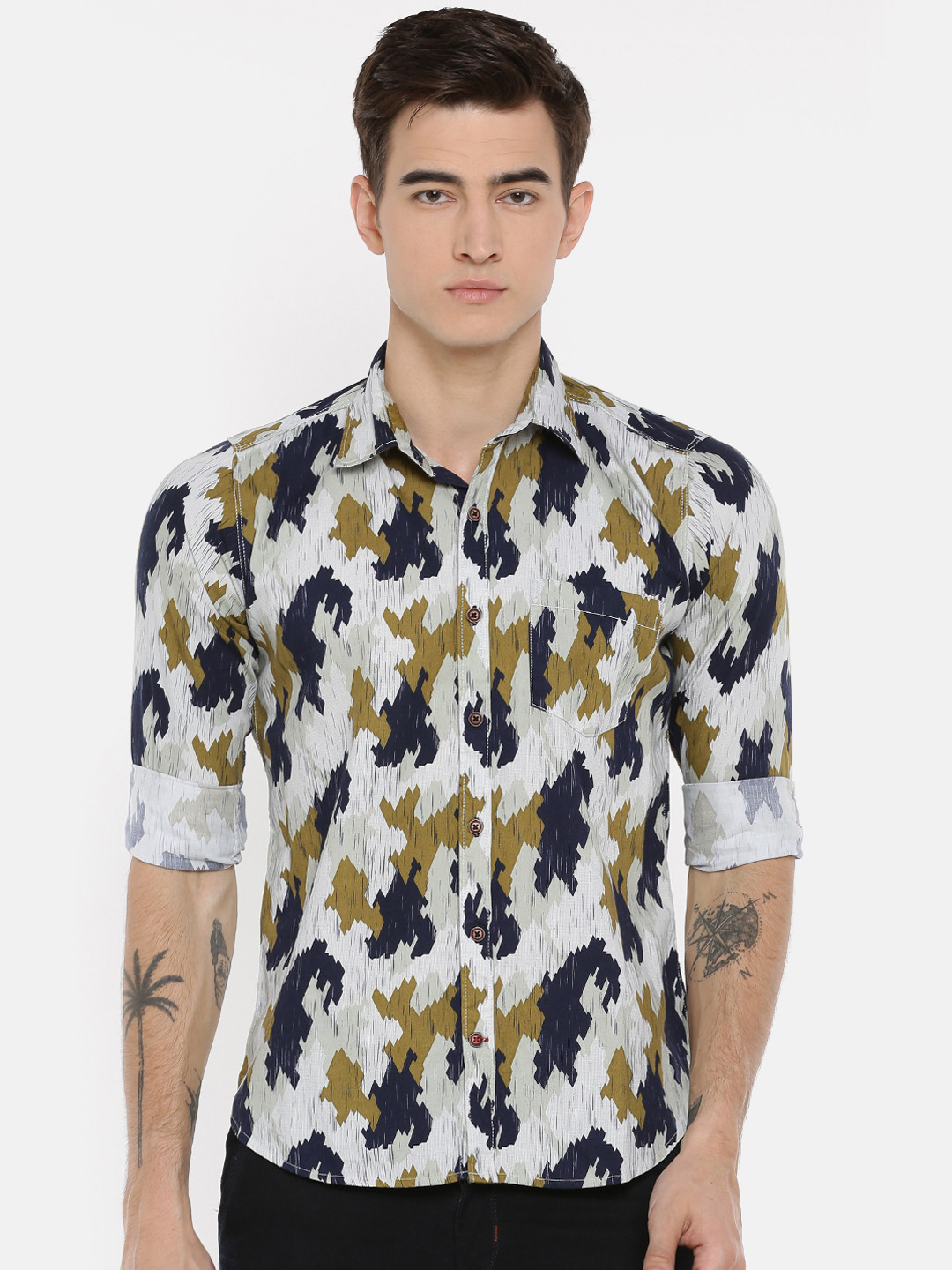 

Cross Court Men Olive Brown & Grey Skinny Fit Printed Casual Shirt