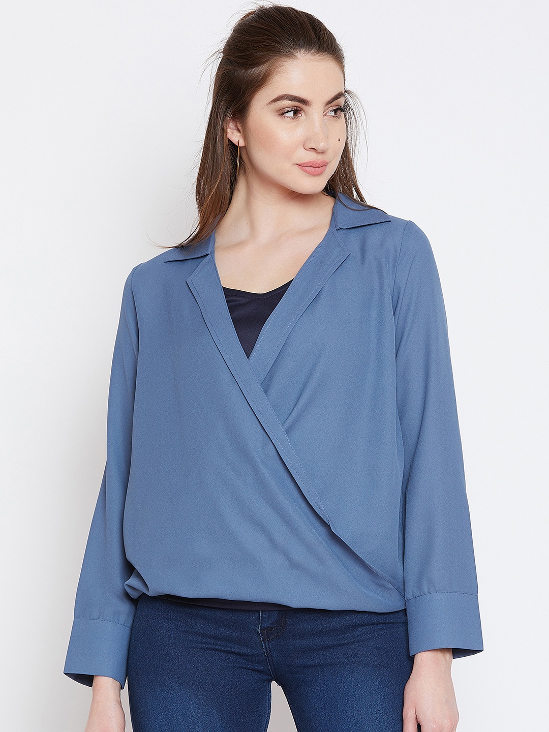 Imfashini Women Blue Solid Wrap Top