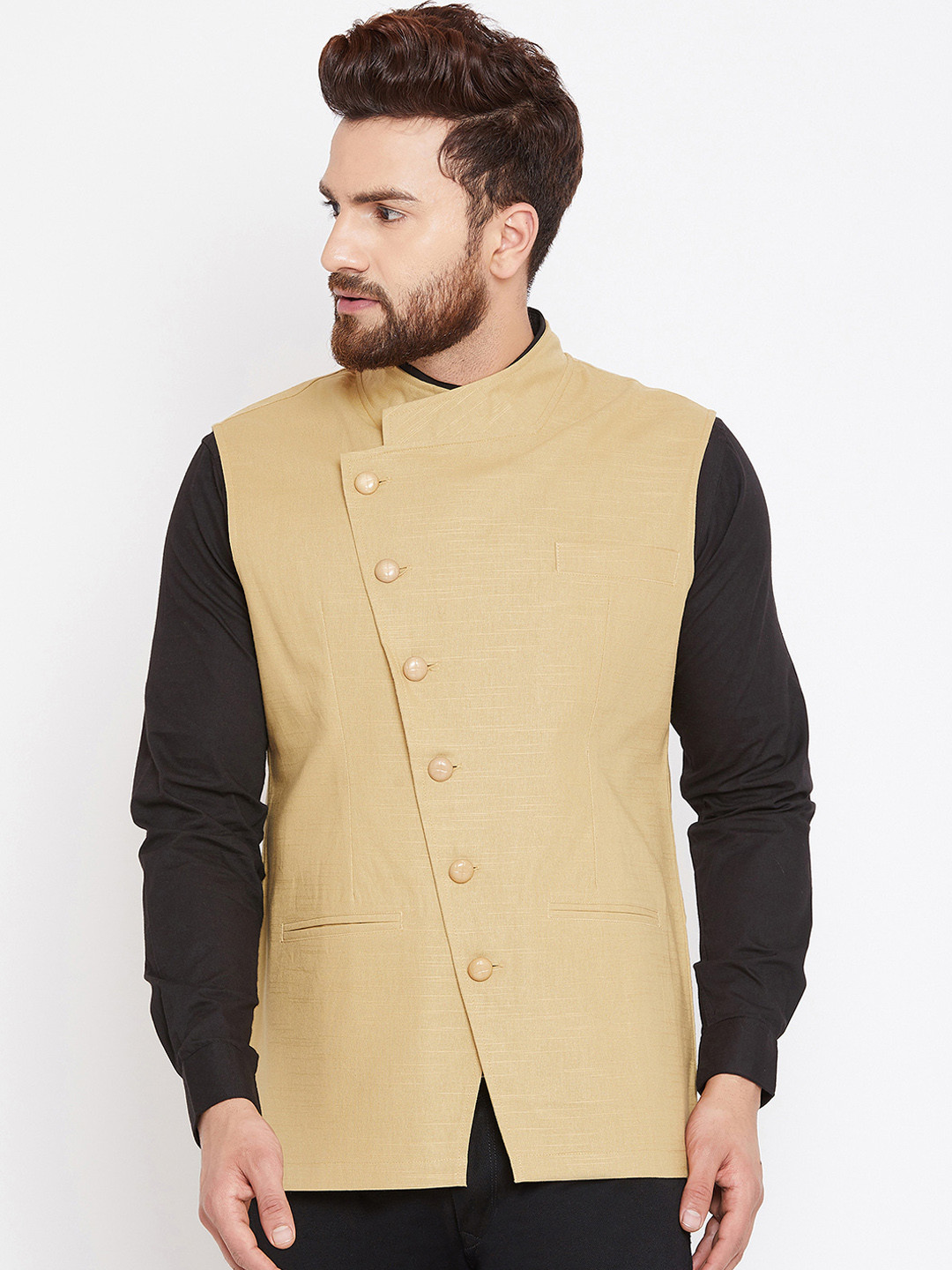 

Hypernation Men Beige Solid Woven Pure Cotton Waistcoat