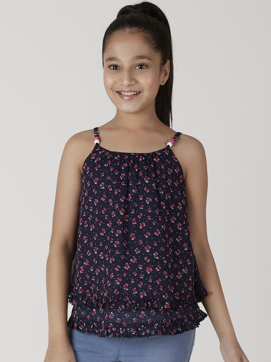 

CACA CINA Girls Navy Blue Printed Tiered Top