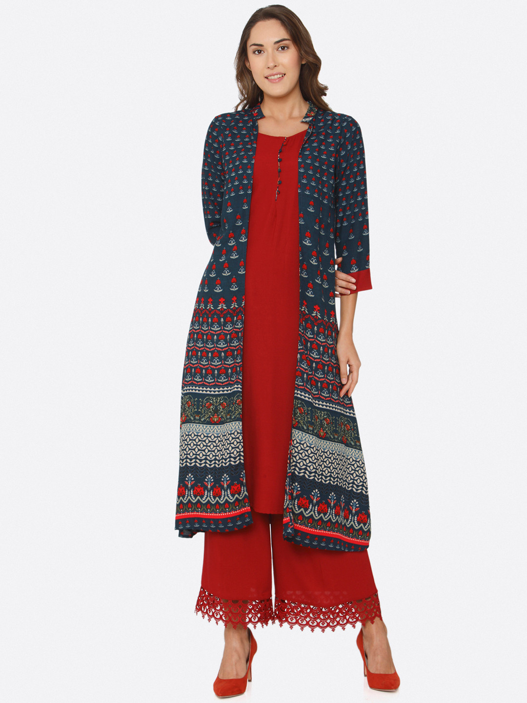 

shiloh Women Blue & Red Printed Kurta with Palazzos