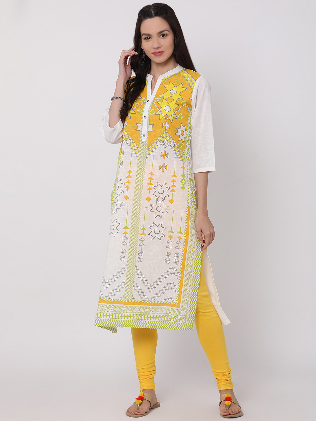 

Alena Women White & Yellow Printed Straight Kurta