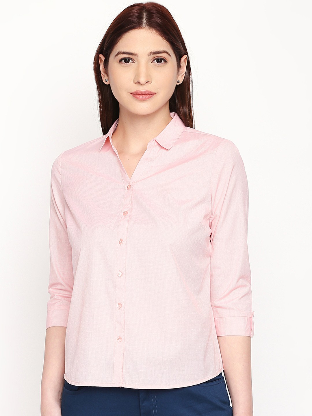 

Annabelle by Pantaloons Women Peach-Coloured Regular Fit Self Design Formal Shirt