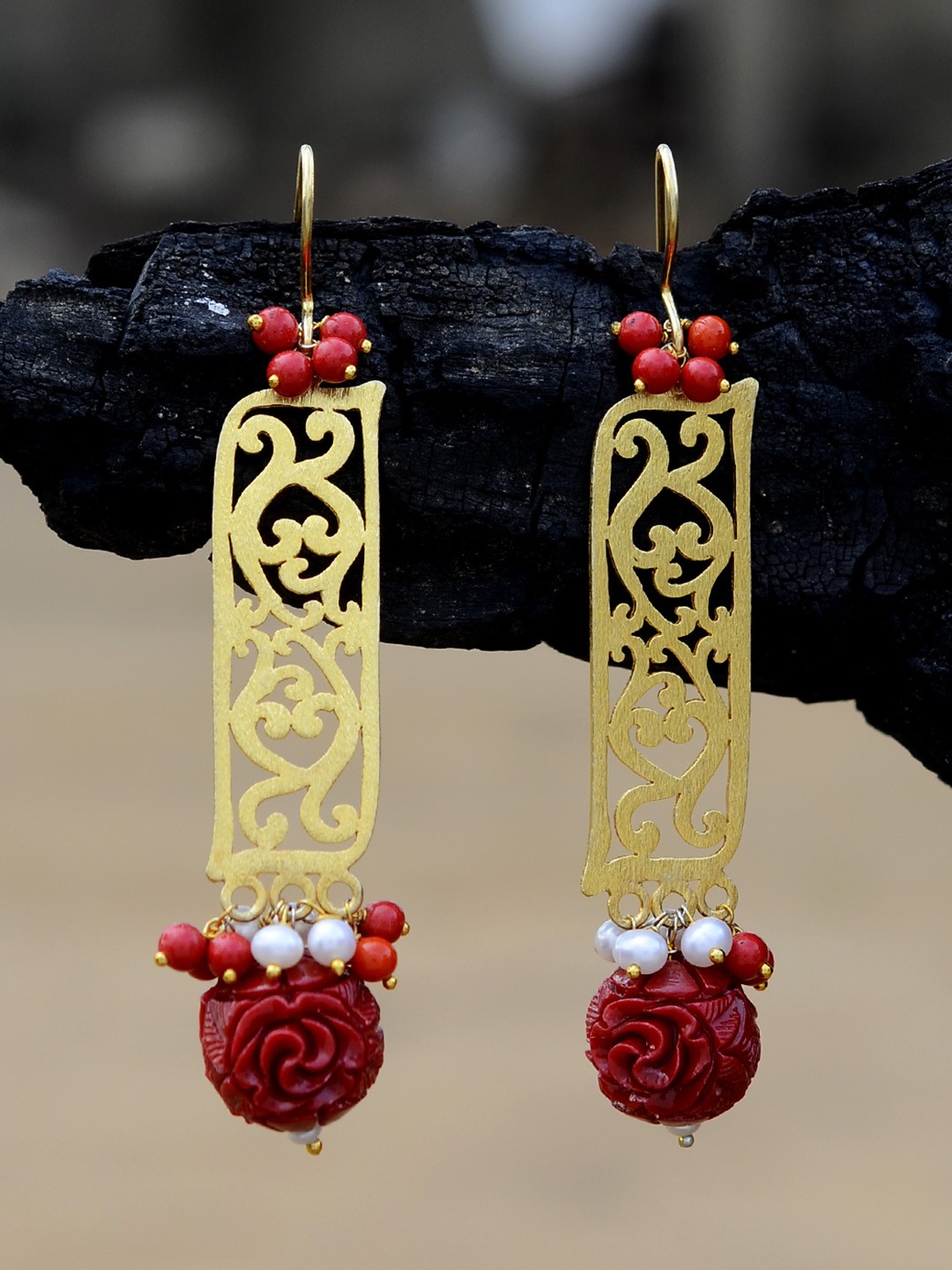 

Silvermerc Designs Women Gold-Plated & Red Handcrafted Contemporary Drop Earrings