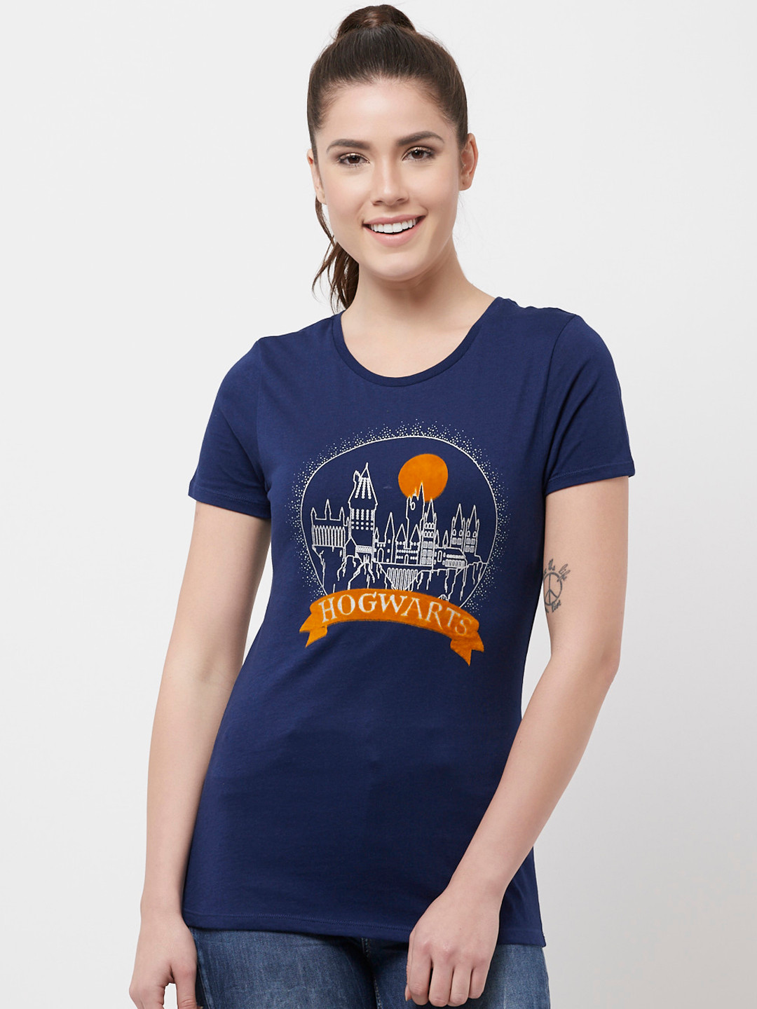 

Free Authority Women Navy Blue Harry Potter Printed Round Neck Pure Cotton T-shirt