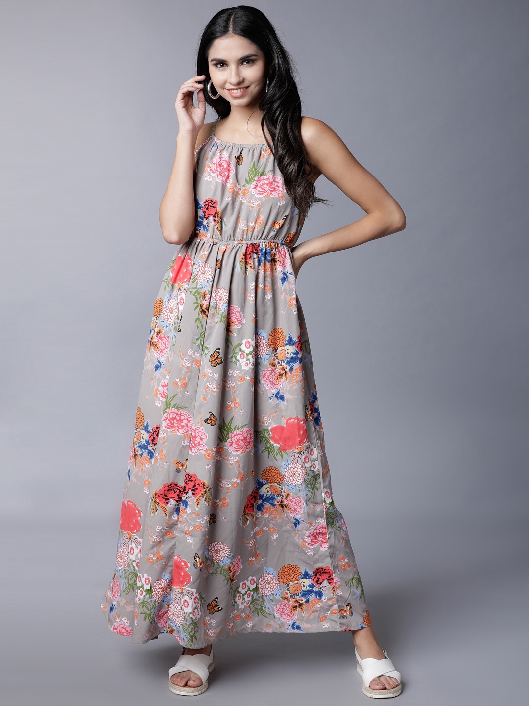 

Tokyo Talkies Women Grey Floral Print Maxi Dress