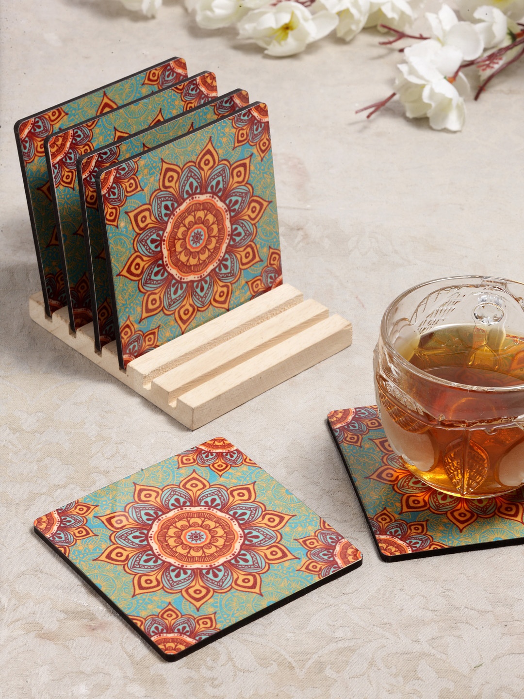 

Alina Decor Set of 6 Printed Coasters With Wooden Stand, Yellow