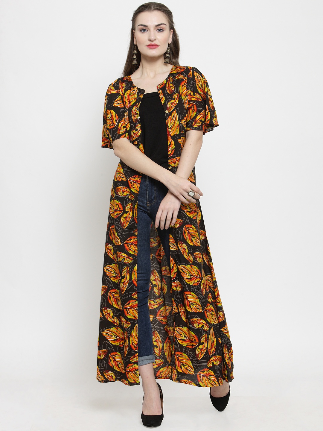 

Indibelle Black & Orange Printed Open Front Shrug