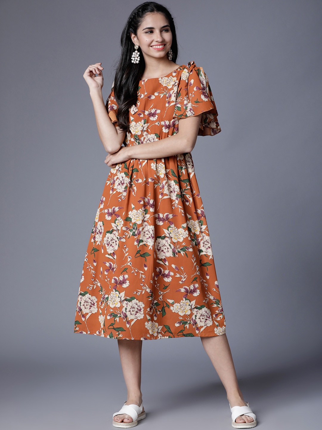 

Tokyo Talkies Women Rust Brown Floral Print Blouson Dress