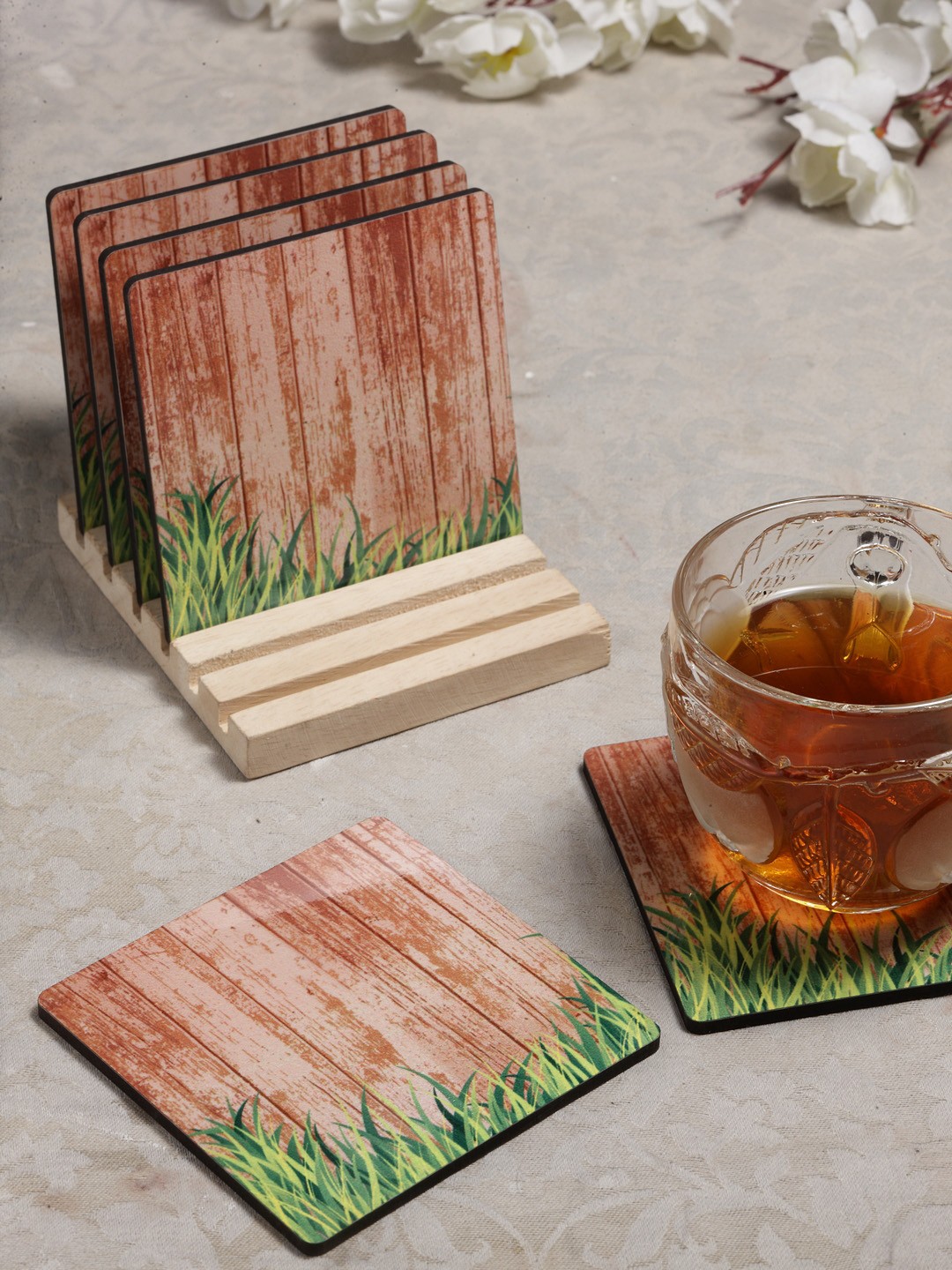 

Alina Decor Set of 6 Printed Coasters With Wooden Stand, Brown