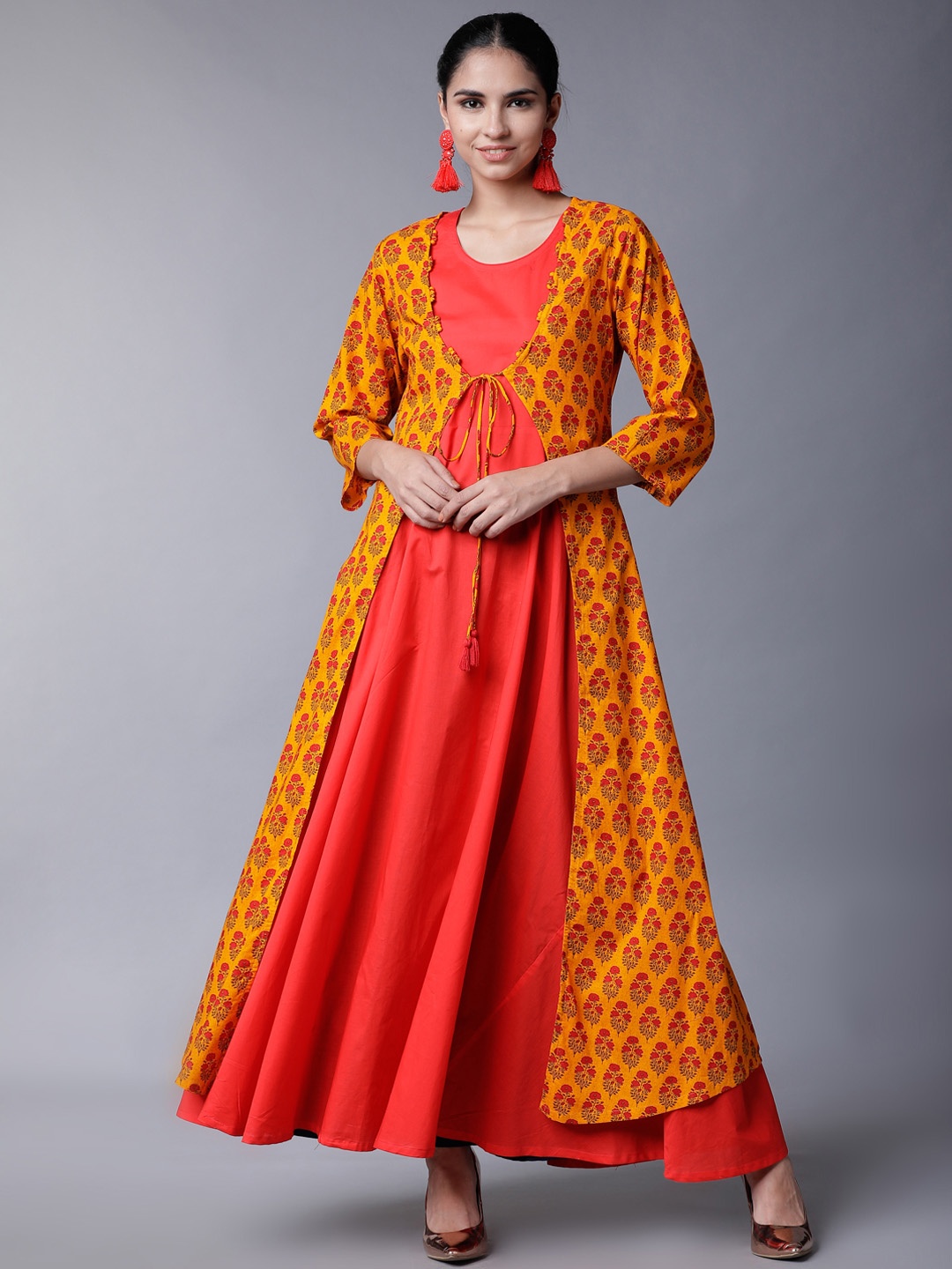 

Vishudh Women Yellow & Orange Printed Anarkali Layered Kurta