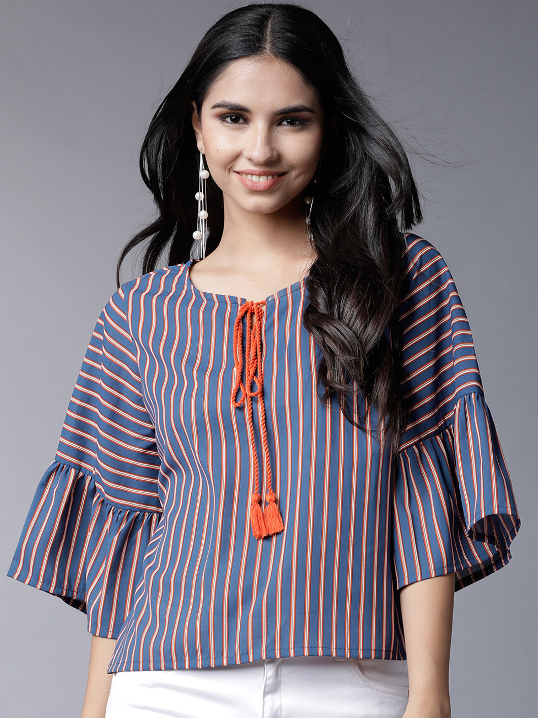 

Tokyo Talkies Women Blue & Red Striped A-Line Top