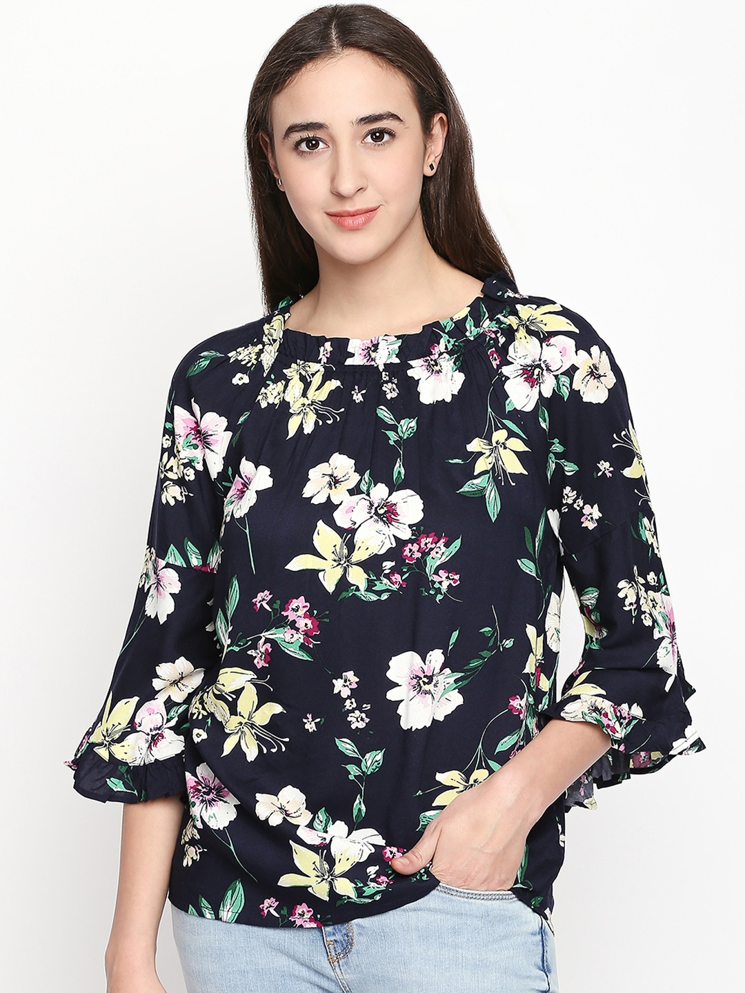 

Honey by Pantaloons Women Navy Blue Printed A-Line Top