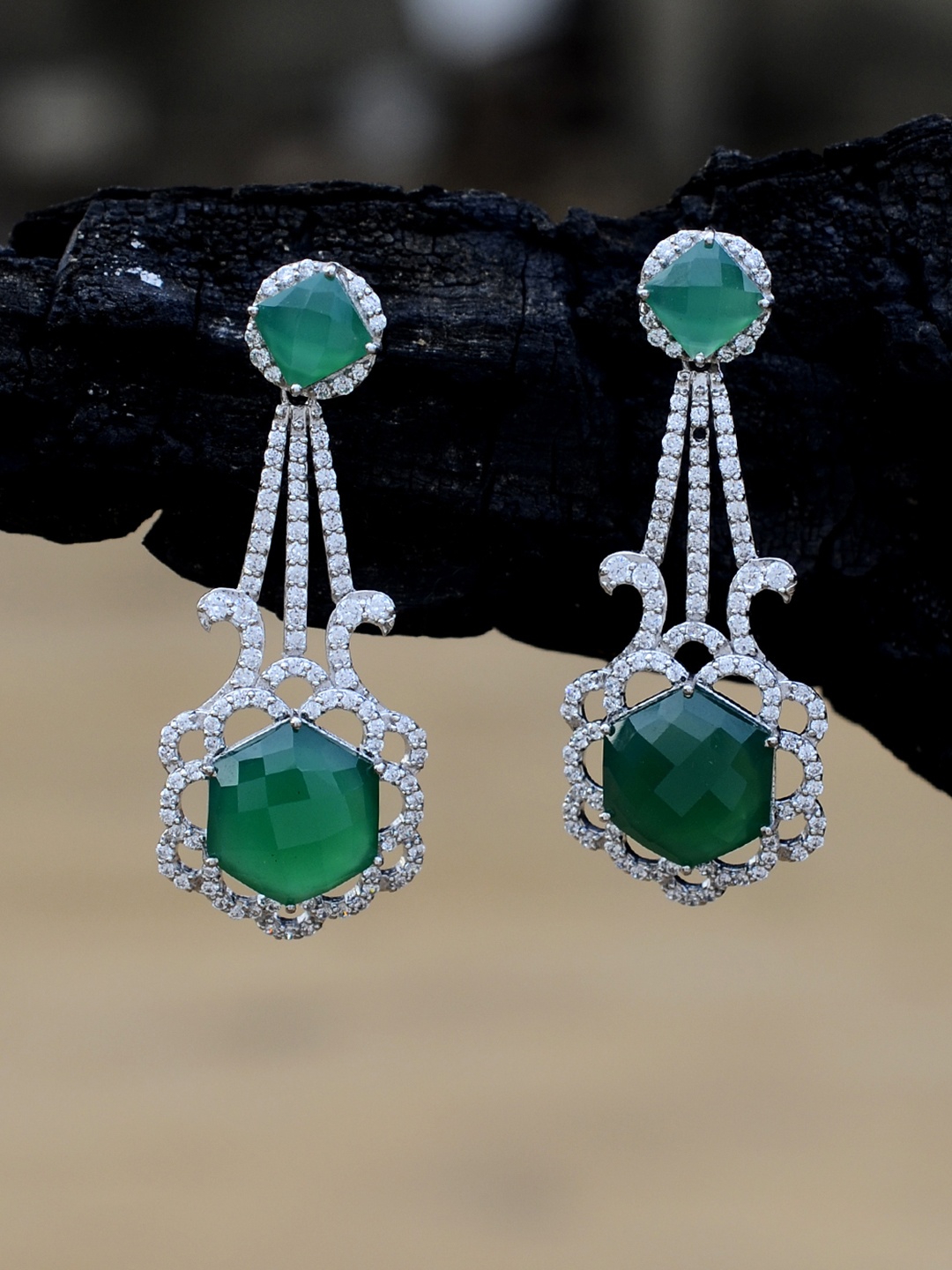 

Silvermerc Designs Women Silver-Plated & Green Handcrafted Contemporary Drop Earrings