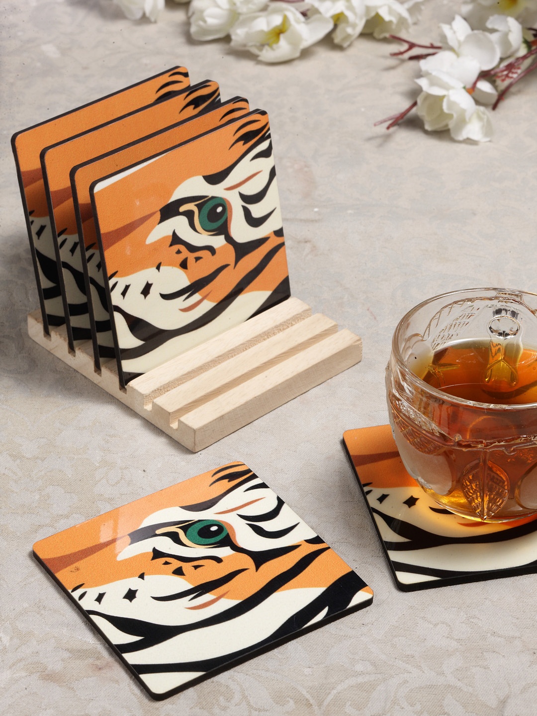 

Alina Decor Set of 6 Printed Coasters With Wooden Stand, Yellow