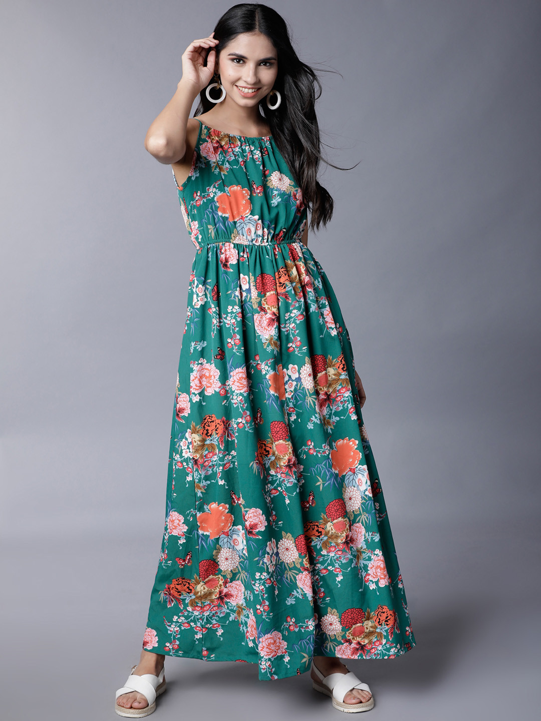 

Tokyo Talkies Women Green Floral Print Maxi Dress